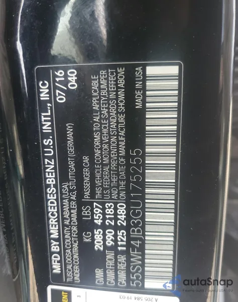 2016 Mercedes-Benz C 300 из США, поврежденный, VIN 55SWF4JB3GU175255